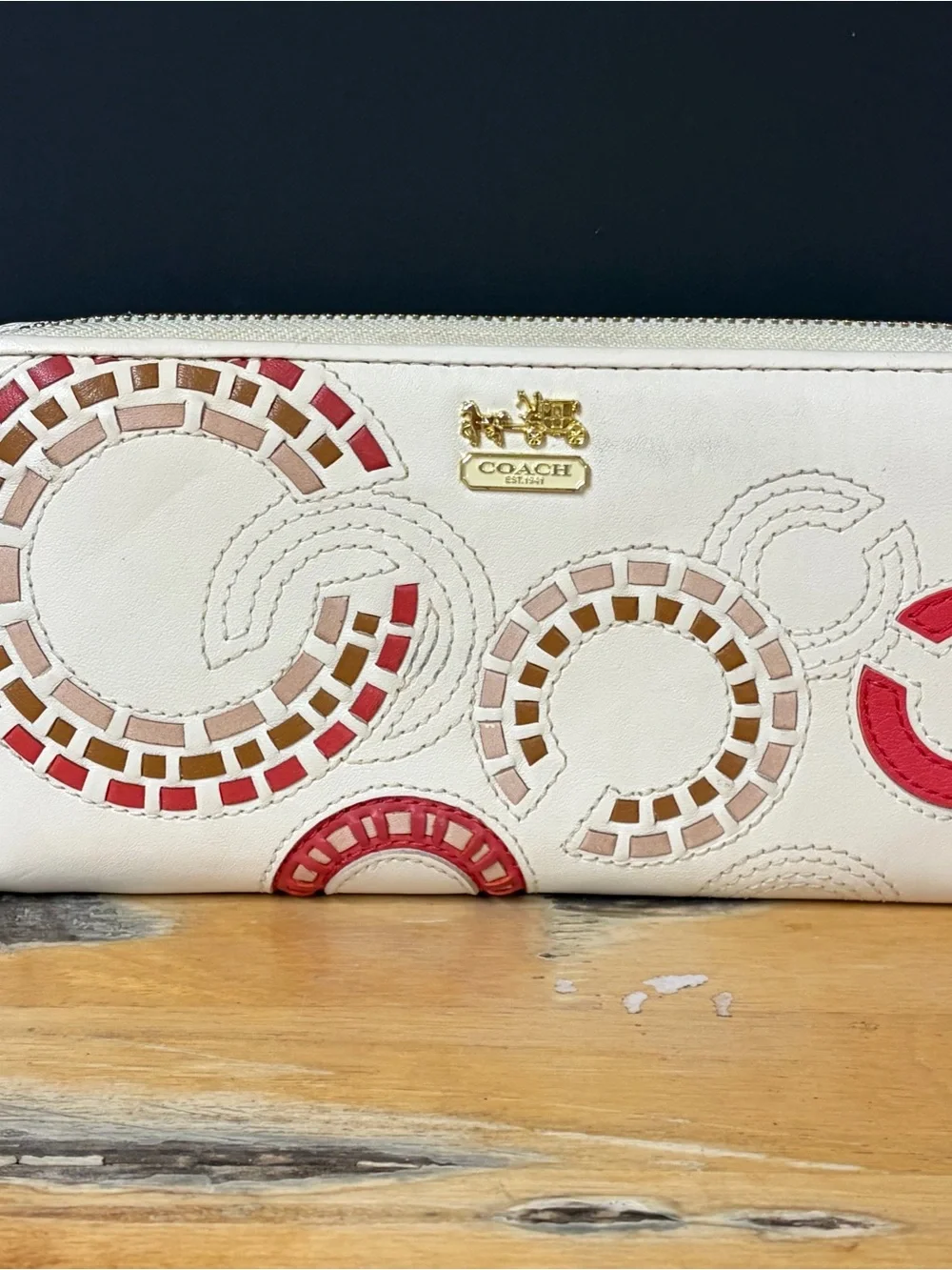Coach Chelsea Inlaid Charlie Zip Wallet Mosaic Art Design Cream Red